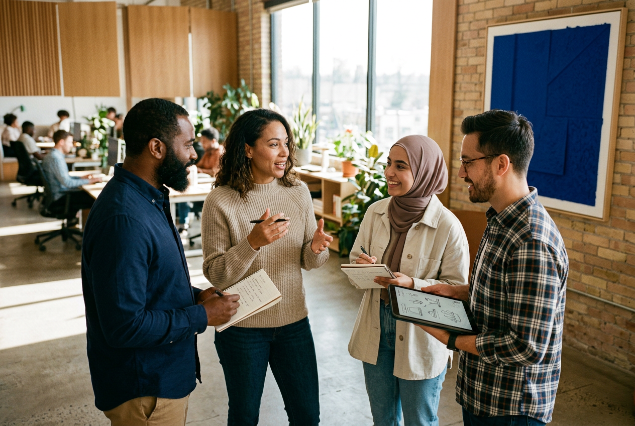 Collaborateurs échangeant sur une démarche d'employee advocacy en open space