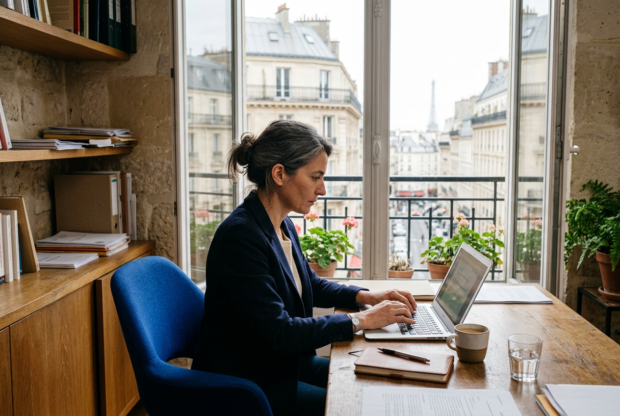 Dirigeante rédigeant une publication LinkedIn depuis un bureau parisien