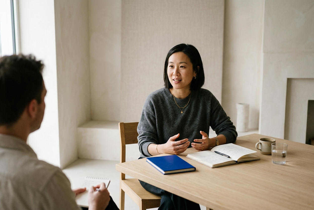 Séance d'interview de personal branding entre une dirigeante et son accompagnant